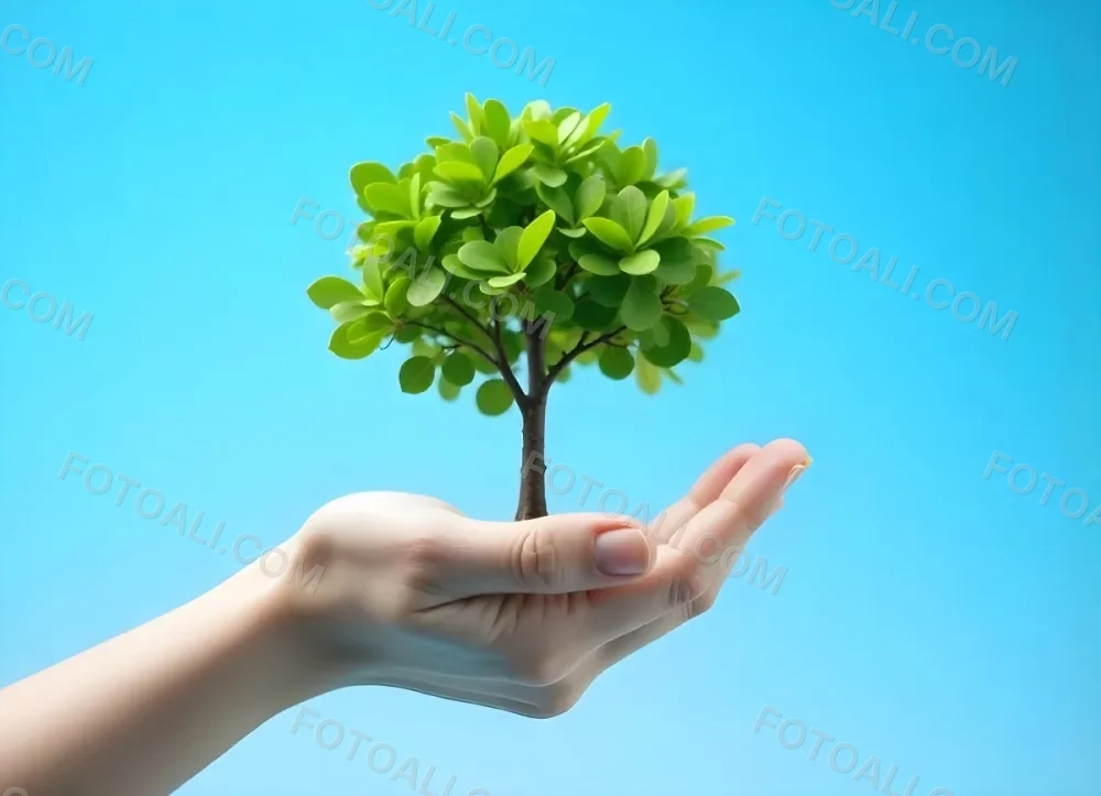 A Hand Holding A Tree With Green Leaves Blue Sky Background The Tree Is Small And Has A Round Shape The Hand Is Light Skin 8 8dd7