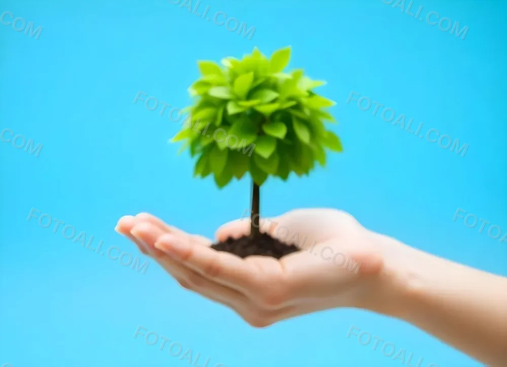 A Hand Holding A Tree With Green Leaves Blue Sky Background The Tree Is Small And Has A Round Shape The Hand Is Light Skin 9 10a9