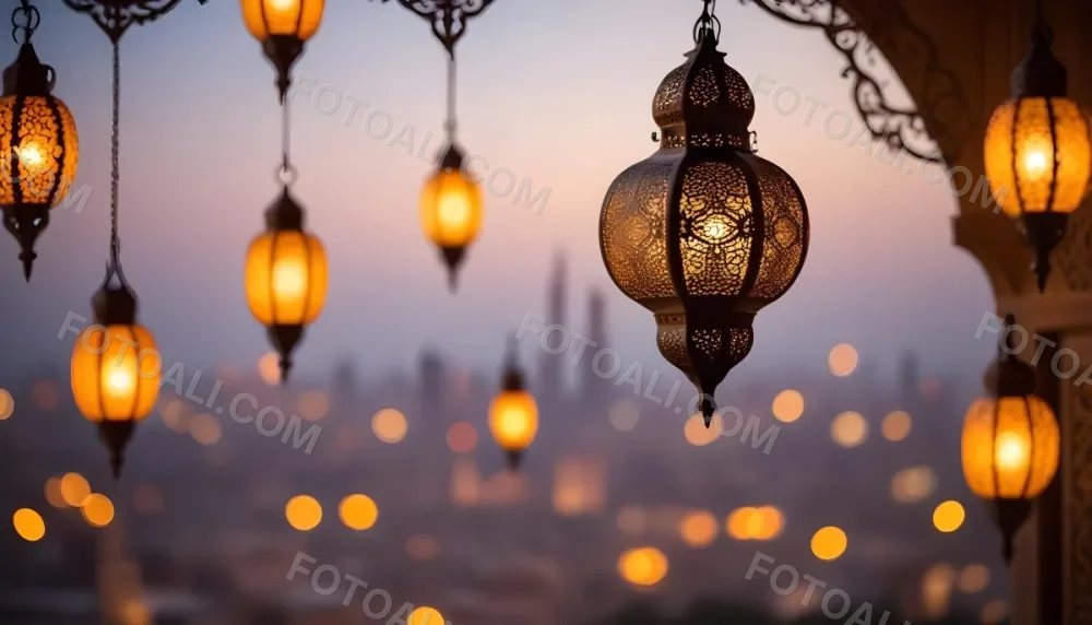 A Hanging Arabic Lantern With Intricate Metalwork Warm Light Glowing Through The Cutouts City Lights Bokeh In The Background Festive Atmosphere 11 4cdc