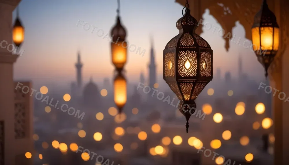 A Hanging Arabic Lantern With Intricate Metalwork Warm Light Glowing Through The Cutouts City Lights Bokeh In The Background Festive Atmosphere 13 A7a0