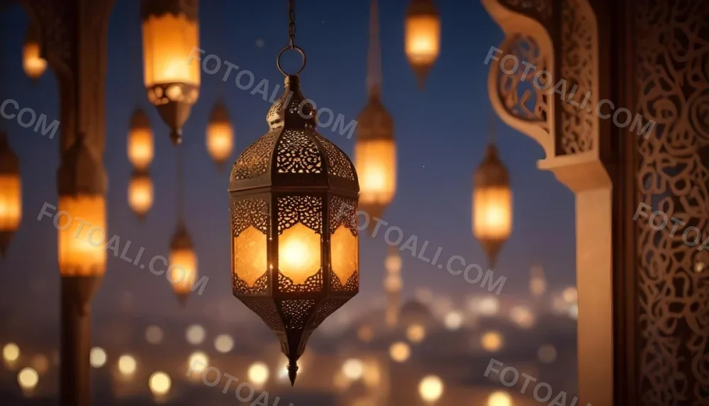 A Hanging Arabic Lantern With Intricate Metalwork Warm Light Glowing Through The Cutouts City Lights Bokeh In The Background Festive Atmosphere 17 9cf7