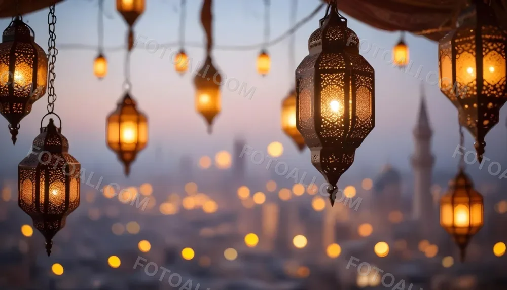 A Hanging Arabic Lantern With Intricate Metalwork Warm Light Glowing Through The Cutouts City Lights Bokeh In The Background Festive Atmosphere 25 7cda