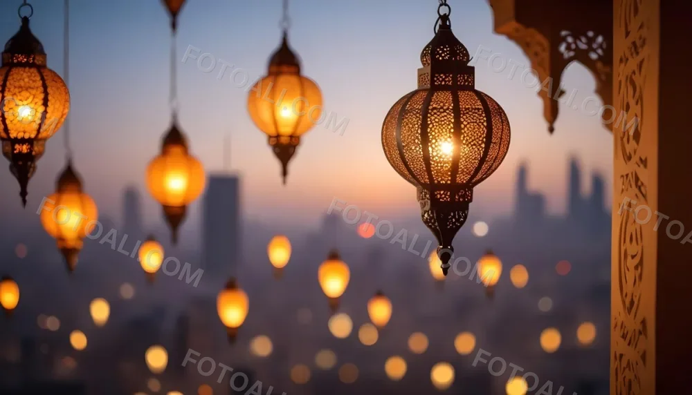 A Hanging Arabic Lantern With Intricate Metalwork Warm Light Glowing Through The Cutouts City Lights Bokeh In The Background Festive Atmosphere 27 7596
