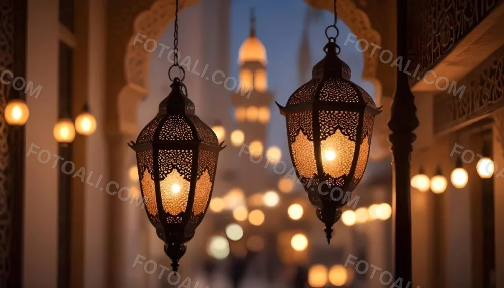 A Hanging Arabic Lantern With Intricate Metalwork Warm Light Glowing Through The Cutouts City Lights Bokeh In The Background Festive Atmosphere 33 5066
