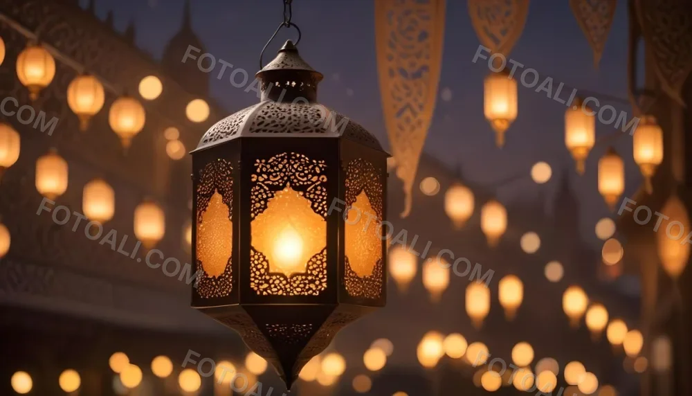 A Hanging Arabic Lantern With Intricate Metalwork Warm Light Glowing Through The Cutouts City Lights Bokeh In The Background Festive Atmosphere 35 4b42