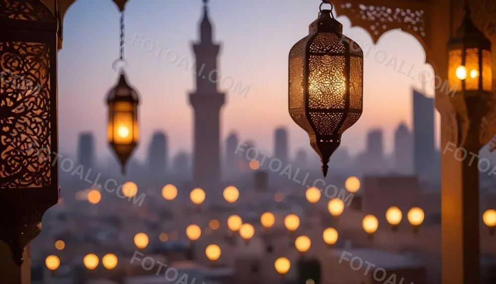 A Hanging Arabic Lantern With Intricate Metalwork Warm Light Glowing Through The Cutouts City Lights Bokeh In The Background Festive Atmosphere 36 8950