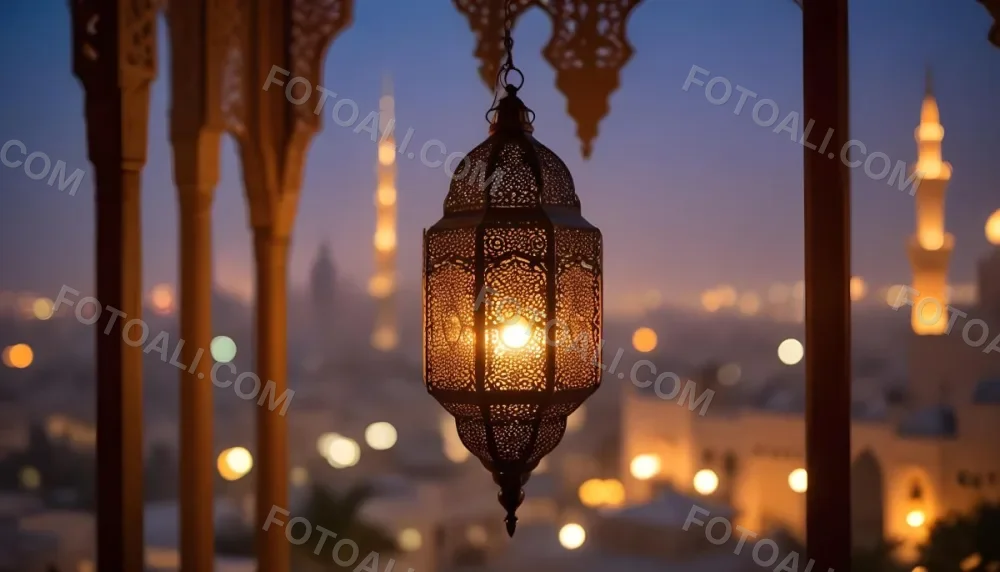 A Hanging Arabic Lantern With Intricate Metalwork Warm Light Glowing Through The Cutouts City Lights Bokeh In The Background Festive Atmosphere 37 1261