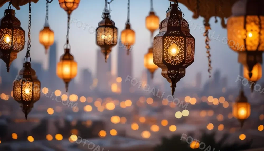 A Hanging Arabic Lantern With Intricate Metalwork Warm Light Glowing Through The Cutouts City Lights Bokeh In The Background Festive Atmosphere 39 F217