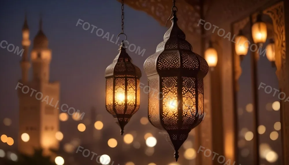 A Hanging Arabic Lantern With Intricate Metalwork Warm Light Glowing Through The Cutouts City Lights Bokeh In The Background Festive Atmosphere 4 29e0
