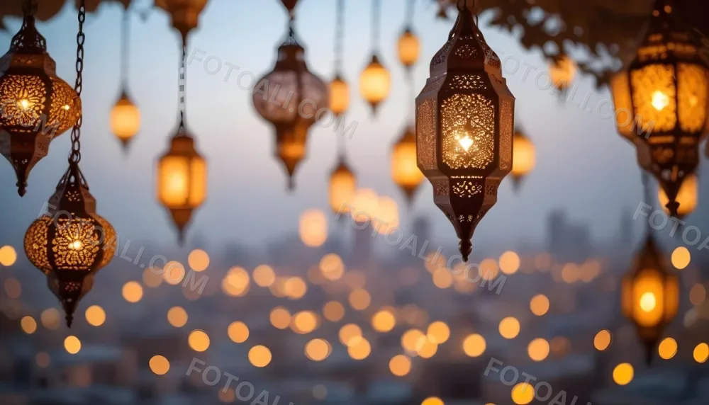 A Hanging Arabic Lantern With Intricate Metalwork Warm Light Glowing Through The Cutouts City Lights Bokeh In The Background Festive Atmosphere 5 63f6