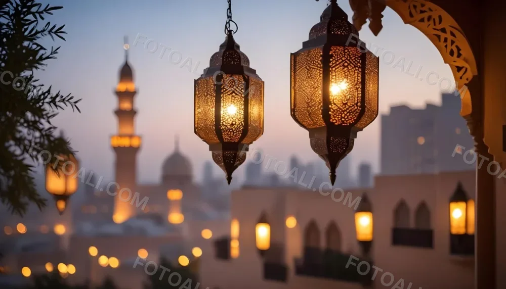 A Hanging Arabic Lantern With Intricate Metalwork Warm Light Glowing Through The Cutouts City Lights Bokeh In The Background Festive Atmosphere 6 D963