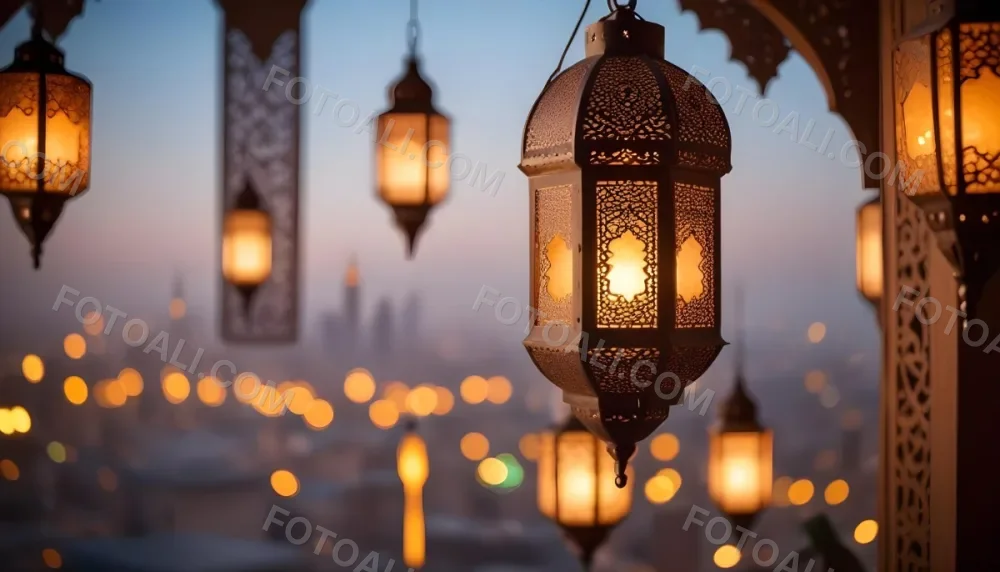 A Hanging Arabic Lantern With Intricate Metalwork Warm Light Glowing Through The Cutouts City Lights Bokeh In The Background Festive Atmosphere 7 29cf