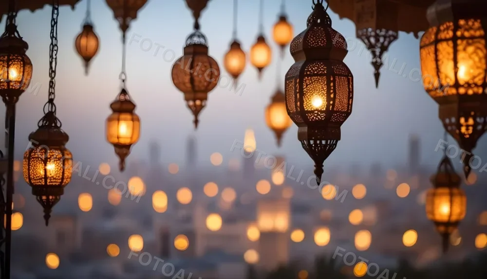 A Hanging Arabic Lantern With Intricate Metalwork Warm Light Glowing Through The Cutouts City Lights Bokeh In The Background Festive Atmosphere 9 619f