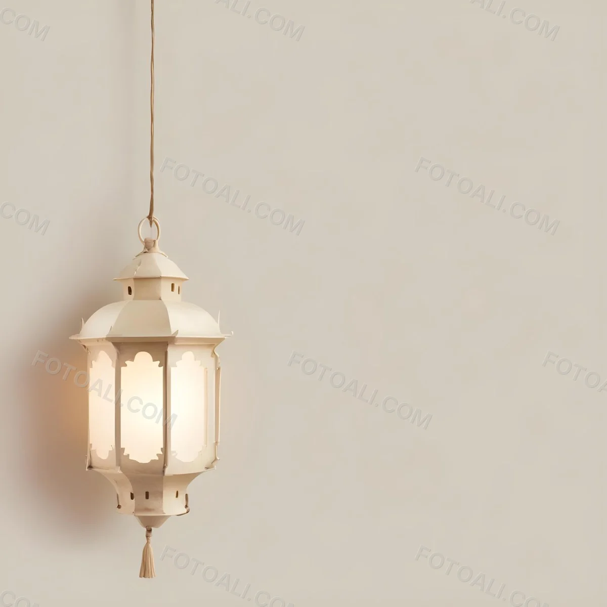 A Hanging Lantern With A Warm Glowing Light Against A Plain Beige Wall 21 4916