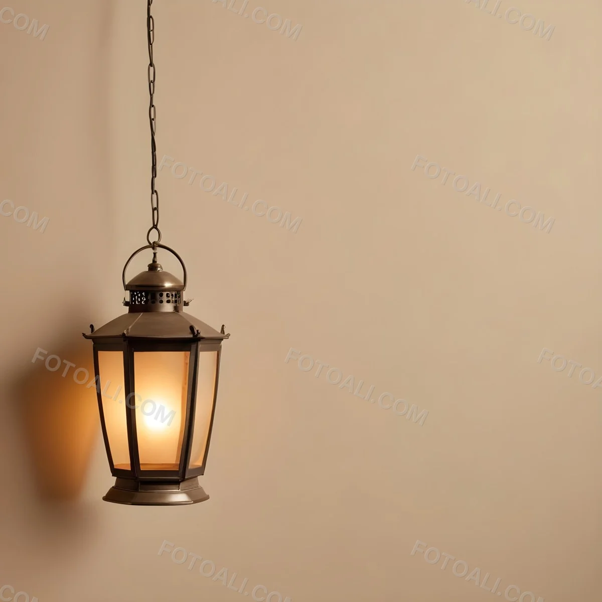 A Hanging Lantern With A Warm Glowing Light Against A Plain Beige Wall 27 E21f