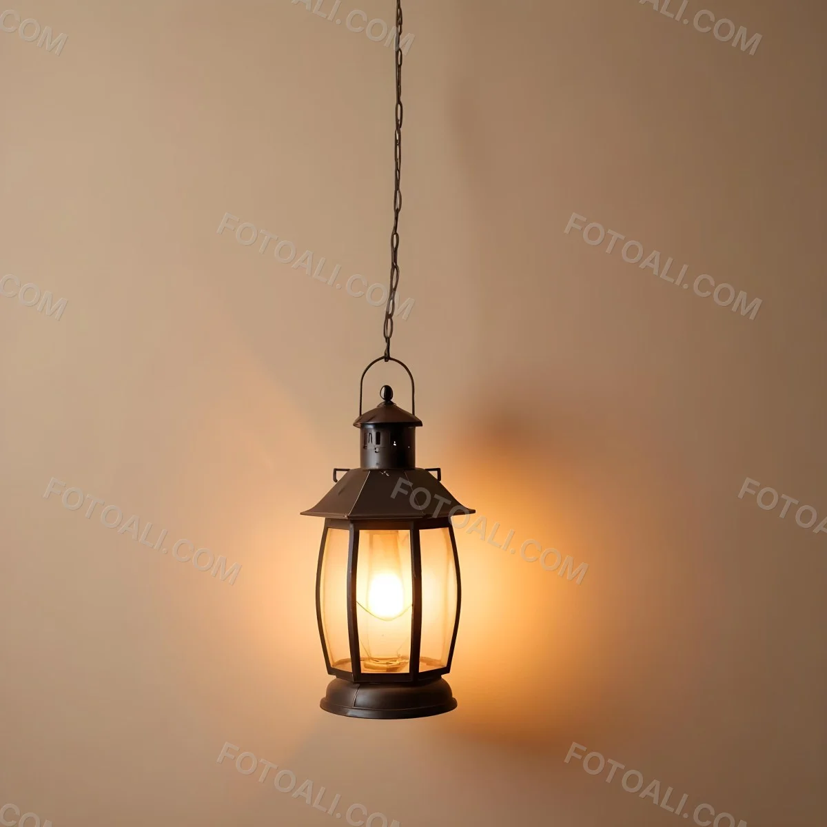 A Hanging Lantern With A Warm Glowing Light Against A Plain Beige Wall 3 670e