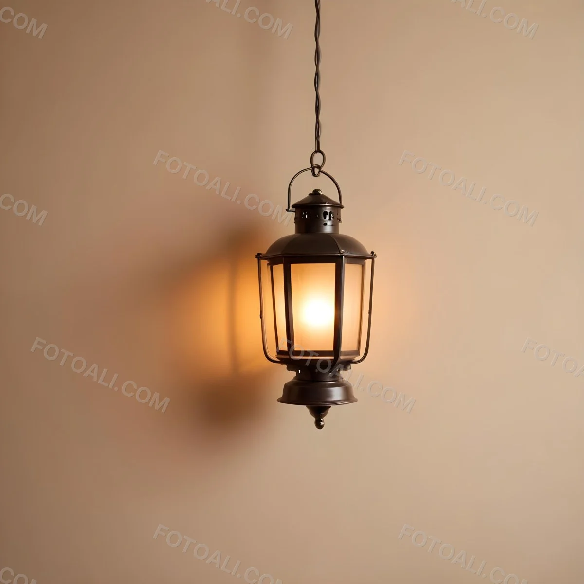 A Hanging Lantern With A Warm Glowing Light Against A Plain Beige Wall 30 12de