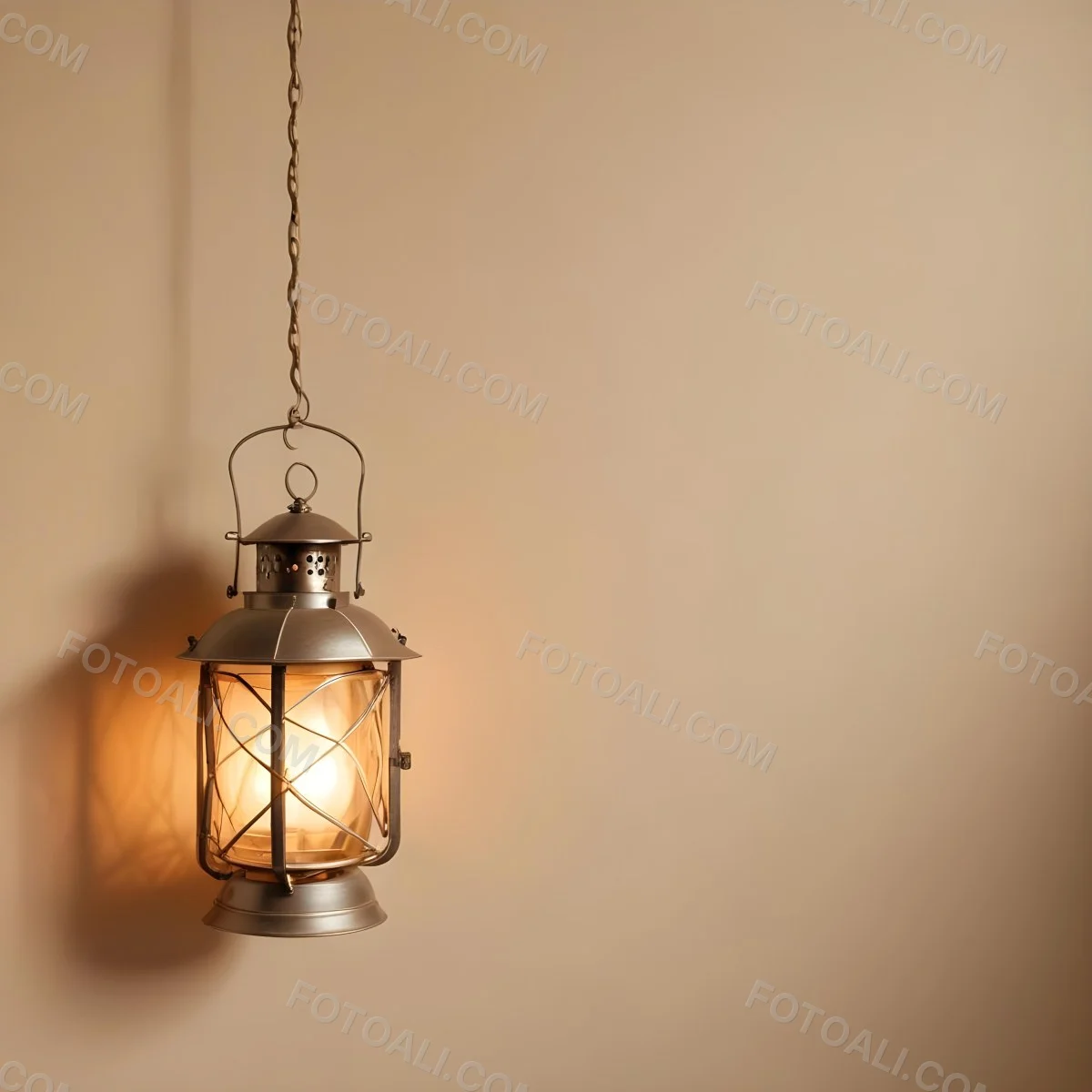 A Hanging Lantern With A Warm Glowing Light Against A Plain Beige Wall 40 3a38