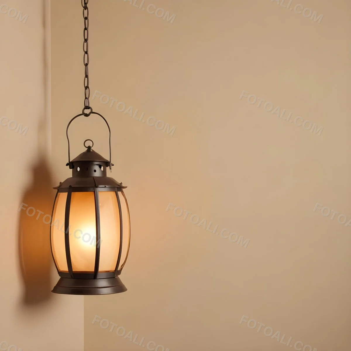 A Hanging Lantern With A Warm Glowing Light Against A Plain Beige Wall 52 2a5b