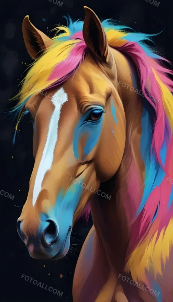 A Horse With A Colorful Mane And Coat Featuring Hues Of Yellow Pink And Blue Yellow Eyes Set Against A Dark Textured Background 52 2d47