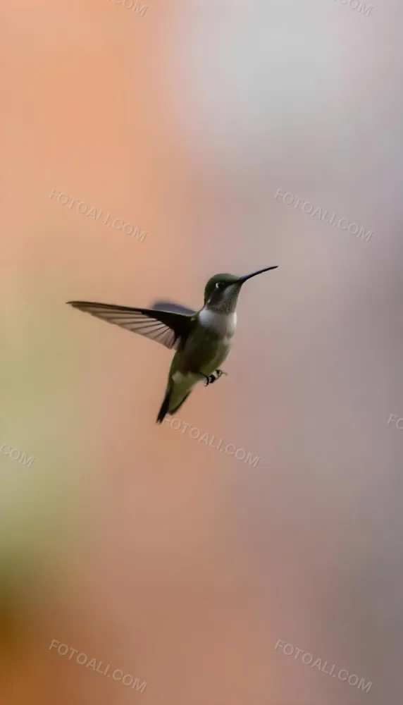 A Hummingbird With Dark Feathers And A Long Beak In Mid Flight Wings Spread Against A Soft Blurred Background Of Pastel Colors 4 F33e