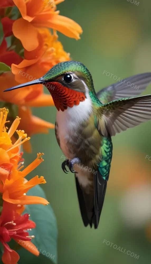 A Hummingbird With Green Red And White Feathers Near Orange Flowers 4 1842
