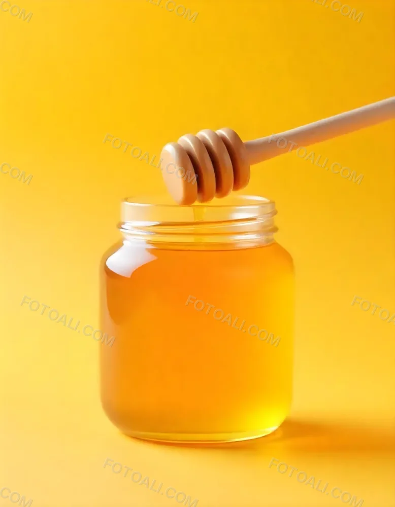 A Jar Full Of Honey With A Honey Dipper On A Yellow Background 10 Fa7f