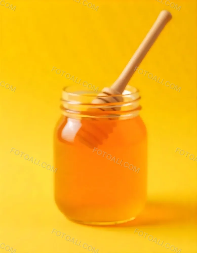 A Jar Full Of Honey With A Honey Dipper On A Yellow Background 11 70fd