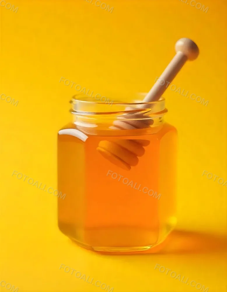 A Jar Full Of Honey With A Honey Dipper On A Yellow Background 12 0083