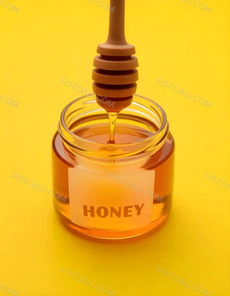 A Jar Full Of Honey With A Honey Dipper On A Yellow Background 24 C7a5