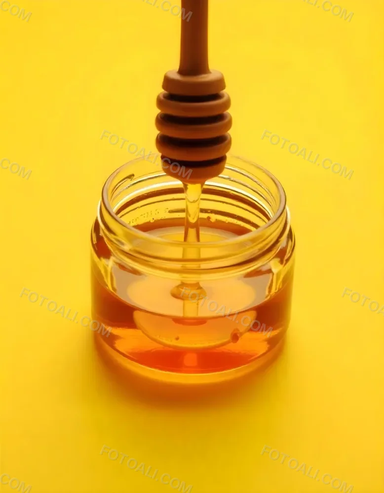 A Jar Full Of Honey With A Honey Dipper On A Yellow Background 25 F760
