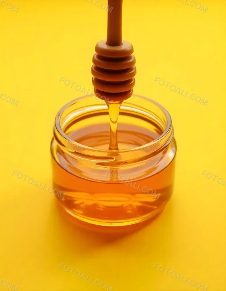 A Jar Full Of Honey With A Honey Dipper On A Yellow Background 26 A71d