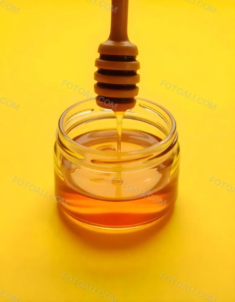 A Jar Full Of Honey With A Honey Dipper On A Yellow Background 27 63fa