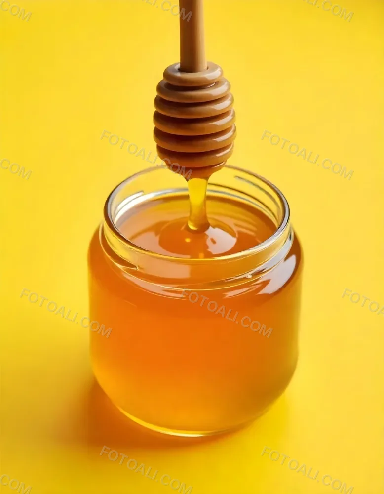 A Jar Full Of Honey With A Honey Dipper On A Yellow Background 5 D787