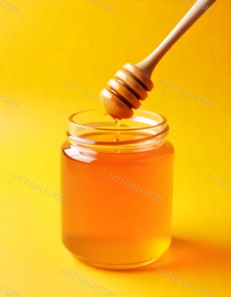 A Jar Full Of Honey With A Honey Dipper On A Yellow Background 8 3524