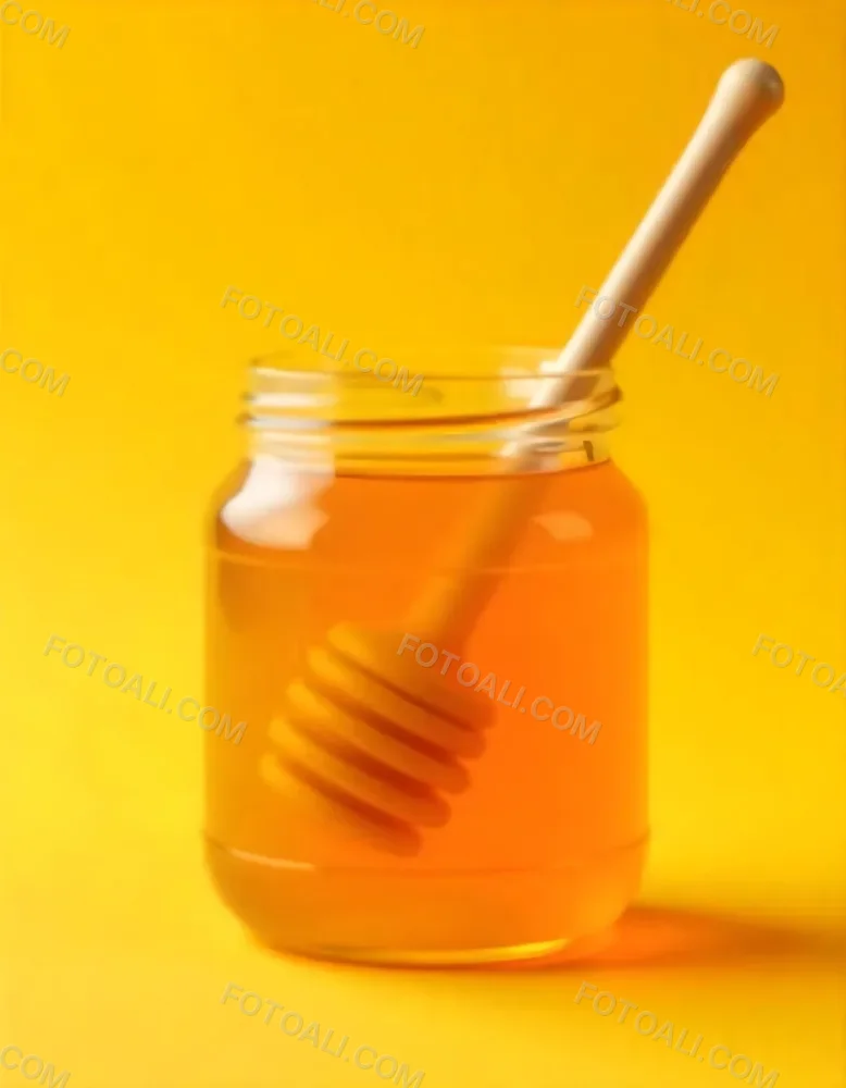 A Jar Full Of Honey With A Honey Dipper On A Yellow Background 9 804e