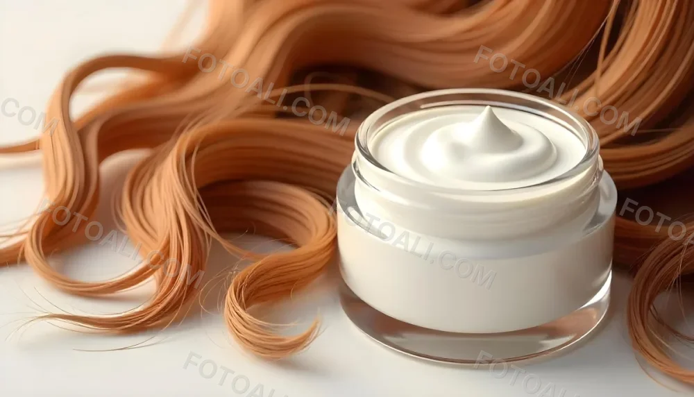 A Jar Of White Cream Next To Long Wavy Brown Hair The Jar Is On The Right Side Of The Image And The Hair Is On The Left Side 15 B922
