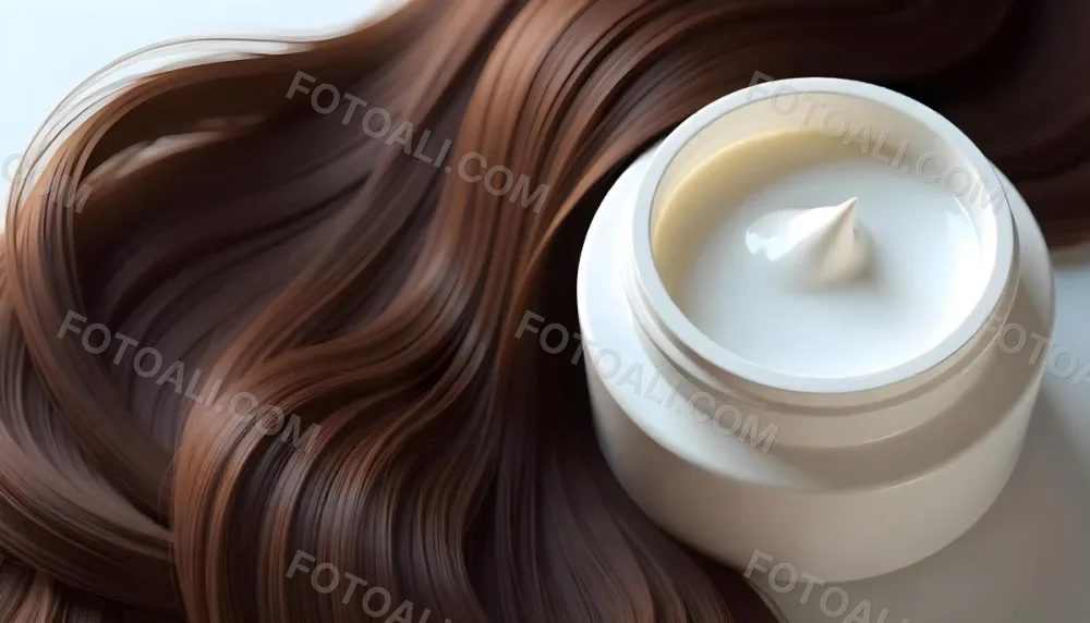 A Jar Of White Cream Next To Long Wavy Brown Hair The Jar Is On The Right Side Of The Image And The Hair Is On The Left Side 30 313d
