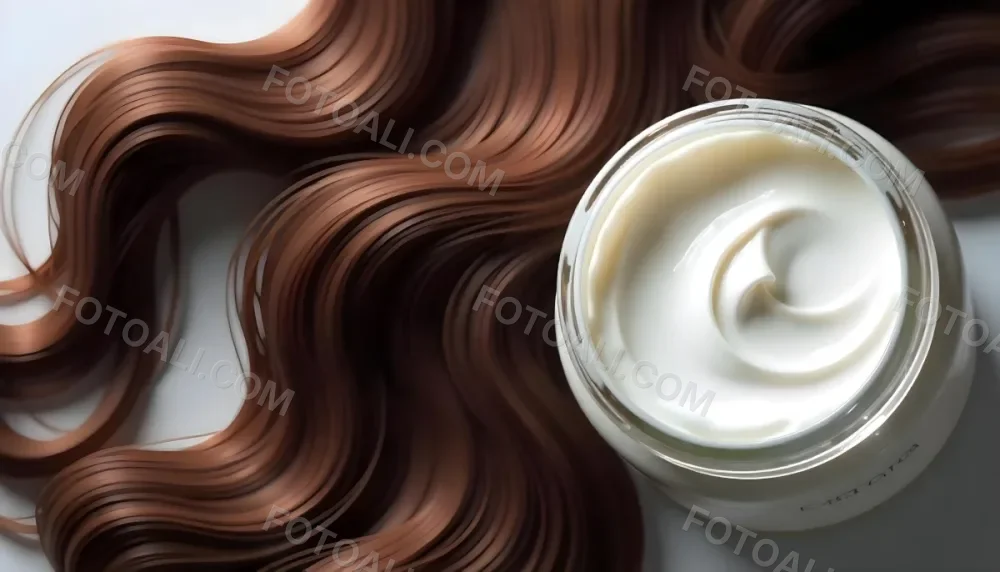A Jar Of White Cream Next To Long Wavy Brown Hair The Jar Is On The Right Side Of The Image And The Hair Is On The Left Side 35 A1c4