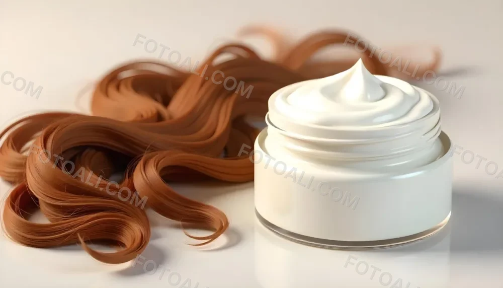 A Jar Of White Cream Next To Long Wavy Brown Hair The Jar Is On The Right Side Of The Image And The Hair Is On The Left Side 5 7ffa