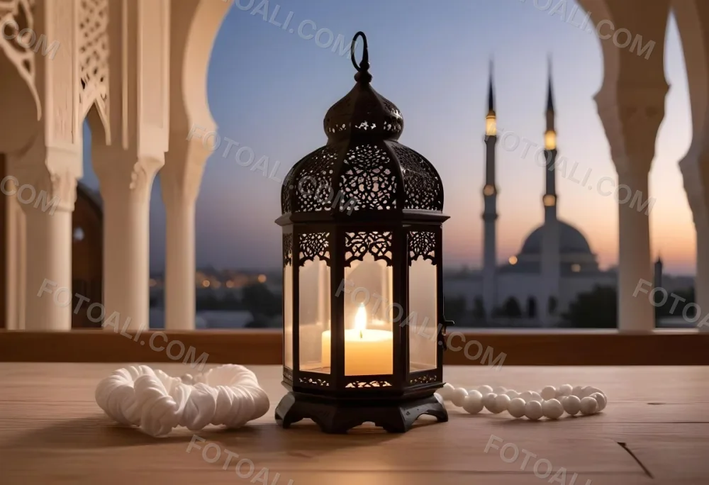 A Lantern And A Tasbih On A Wooden Table In The Background A Mosque With White Arches 1 Bd32