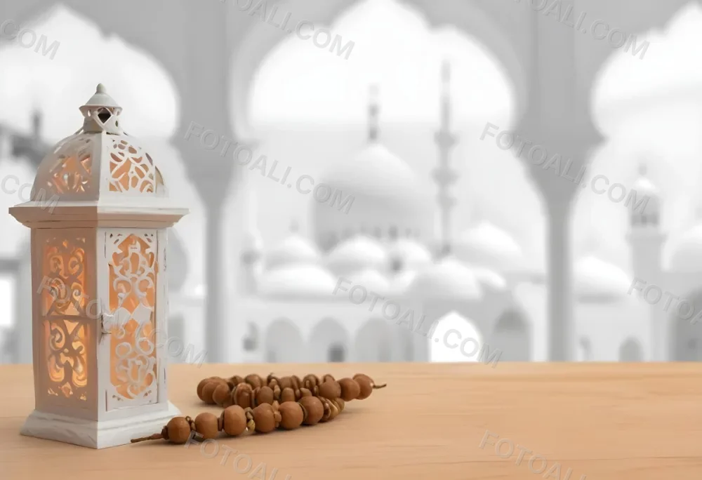 A Lantern And A Tasbih On A Wooden Table In The Background A Mosque With White Arches 10 20ff