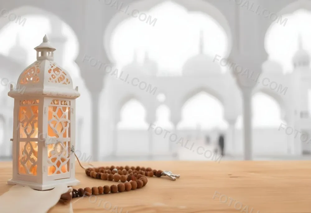 A Lantern And A Tasbih On A Wooden Table In The Background A Mosque With White Arches 14 509b