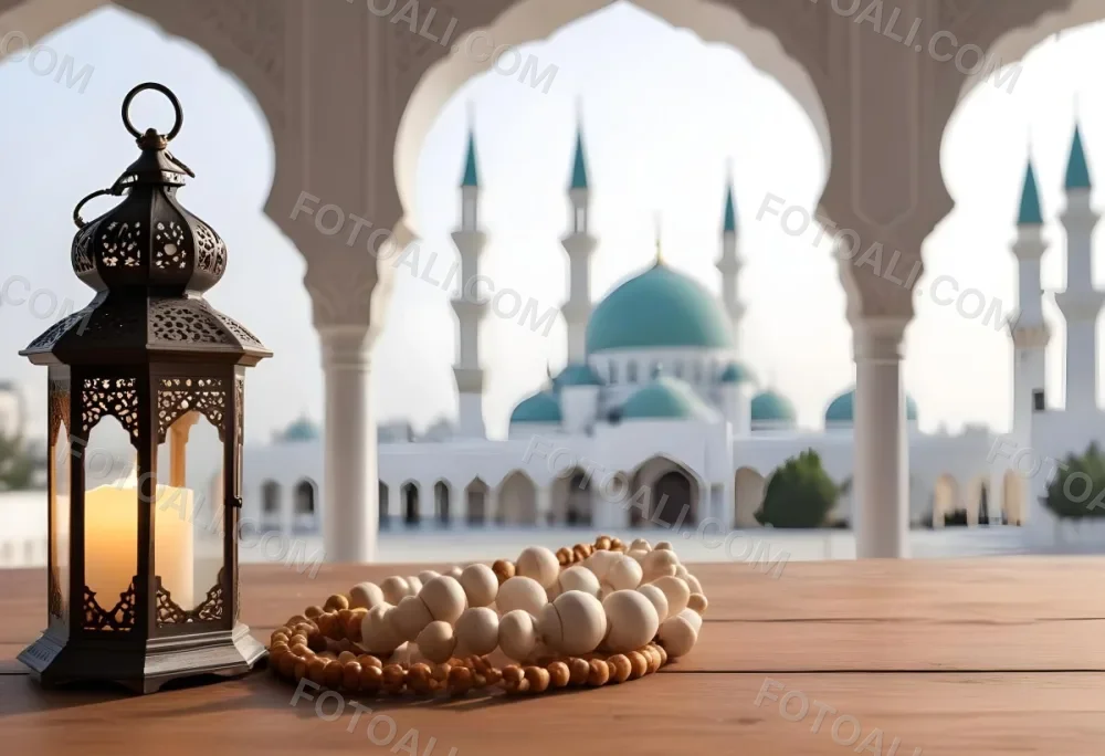A Lantern And A Tasbih On A Wooden Table In The Background A Mosque With White Arches 2 5851