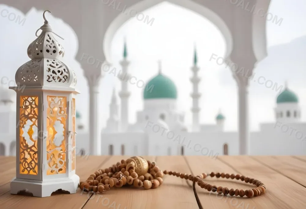 A Lantern And A Tasbih On A Wooden Table In The Background A Mosque With White Arches 22 15a8