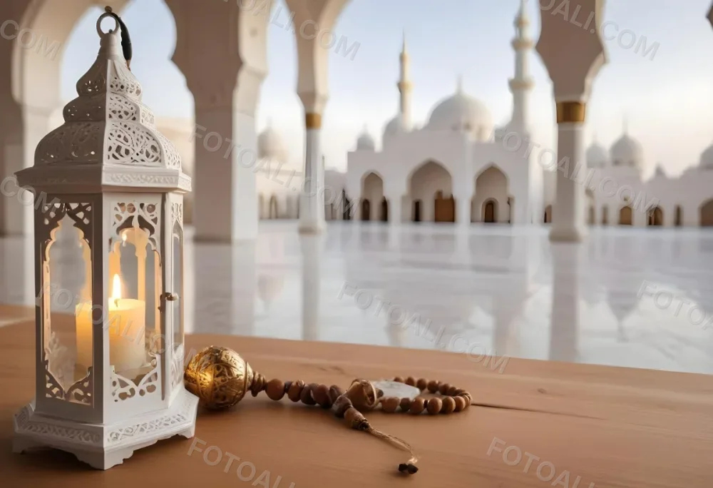 A Lantern And A Tasbih On A Wooden Table In The Background A Mosque With White Arches 24 E821