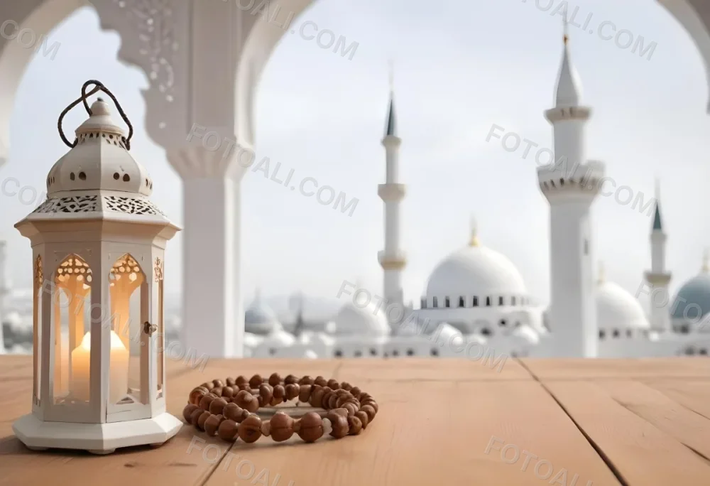 A Lantern And A Tasbih On A Wooden Table In The Background A Mosque With White Arches 25 5470