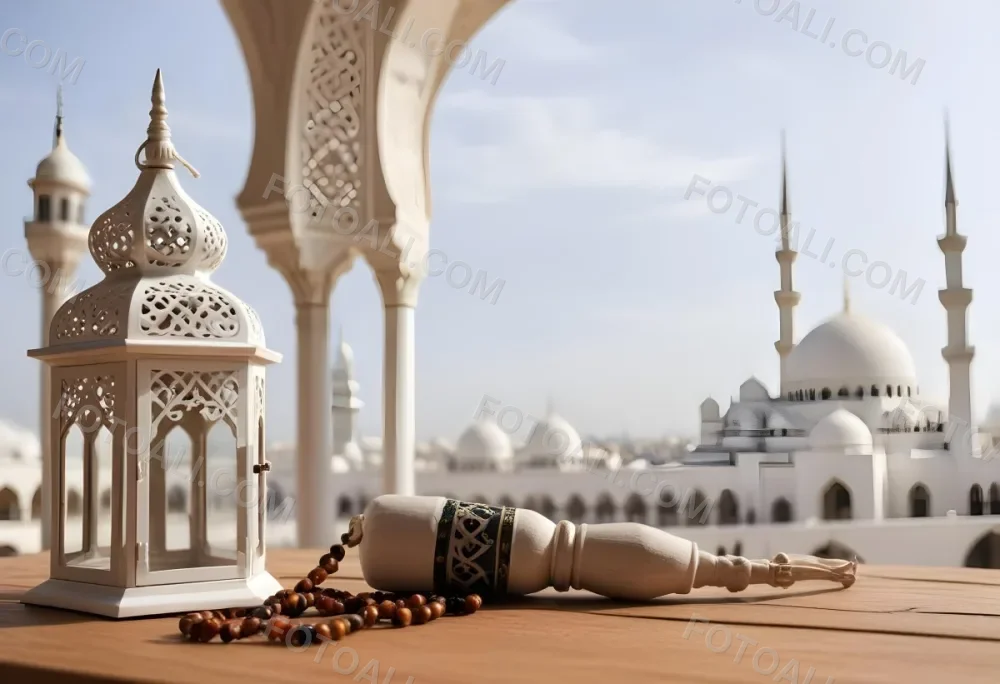 A Lantern And A Tasbih On A Wooden Table In The Background A Mosque With White Arches 26 0d03