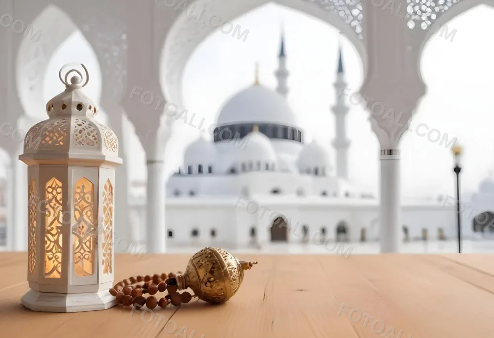 A Lantern And A Tasbih On A Wooden Table In The Background A Mosque With White Arches 4 1018