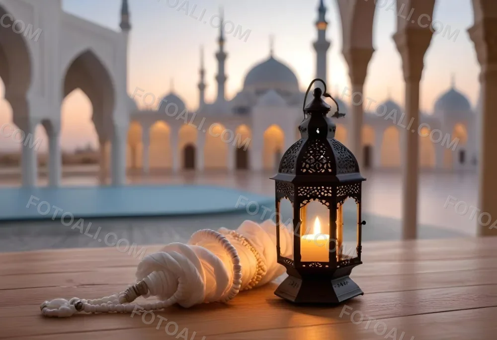A Lantern And A Tasbih On A Wooden Table In The Background A Mosque With White Arches 5 8555